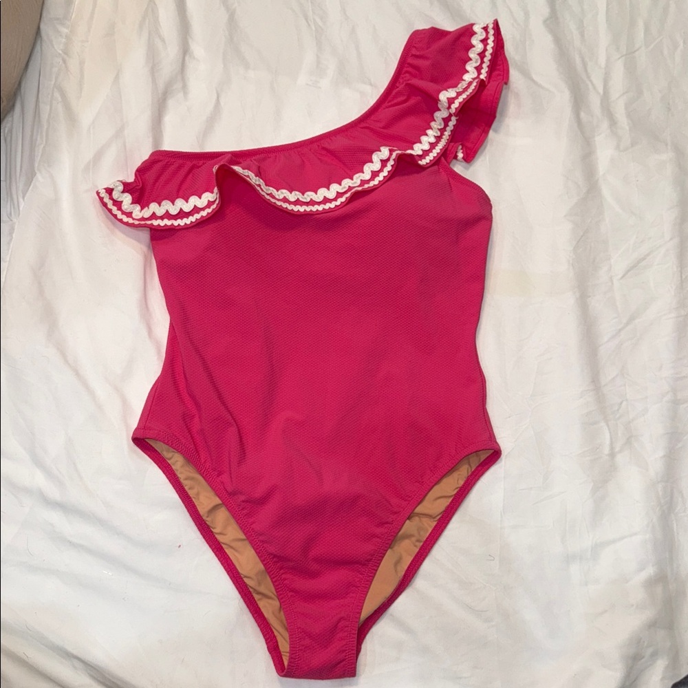 J. Crew Seersucker Pink Ruffle One Shoulder White Swimsuit Size 8 NWT AJ650 - Picture 2 of 6